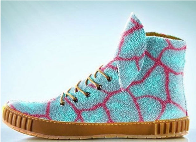 Voorbeeld van een van de custom sneakers van het fictieve merk Rayfish Footwear, dat sneakers van roggenleer aanbood.